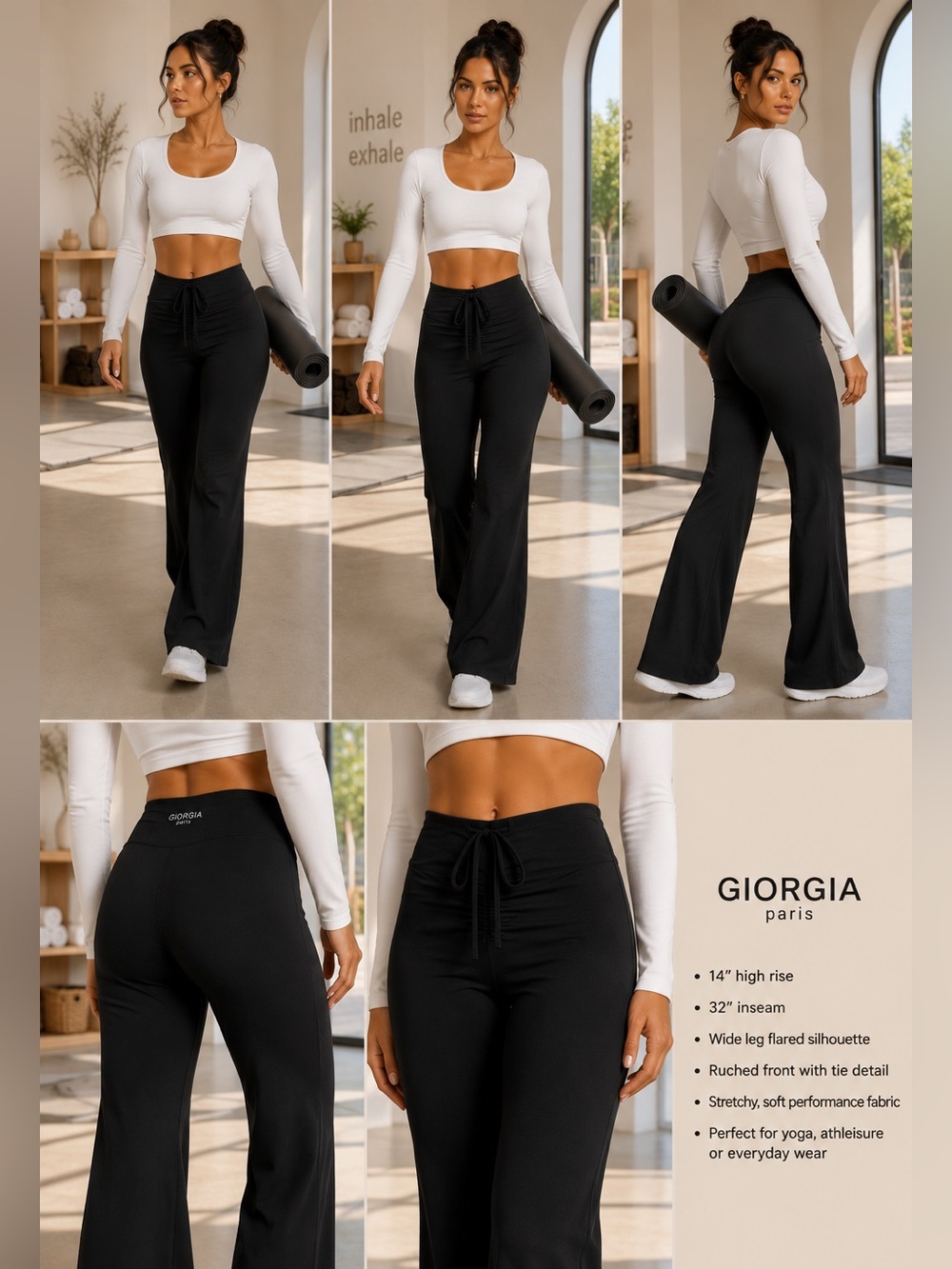 GIORGIA Paris High Rise Flare Yoga Pant Wide Leg Athleisure Stretch Black Size S - Picture 2 of 7